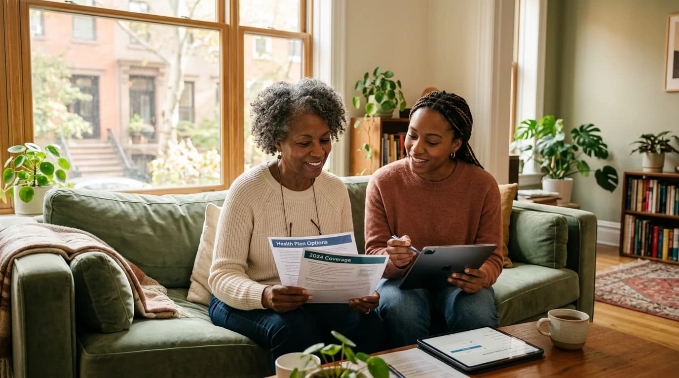 Mature woman and adult daughter reviewing health plan documents together in a sunlit Brooklyn living room